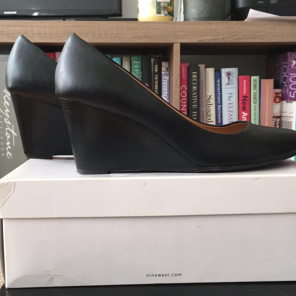 Nine West stacked heel wedge pump